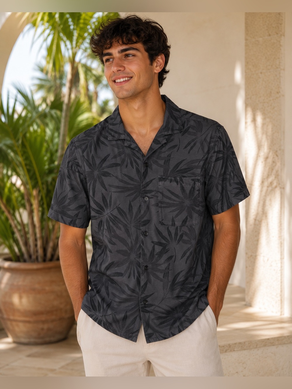 American Eagle Outfitters Men's Short Sleeve Black Floral Shirt